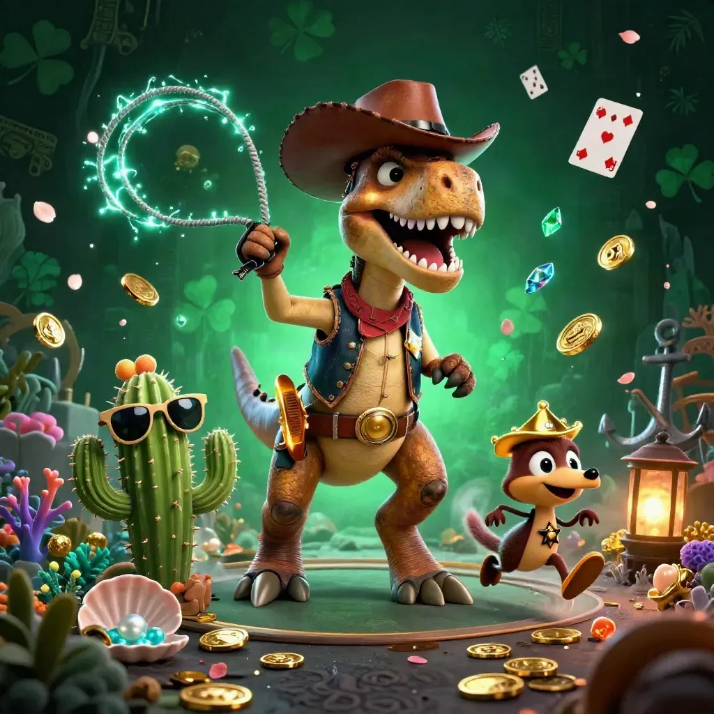 Cowboy T-Rex, cactus sidekick, and roadrunner explode through teal-lit treasure and casino loot.