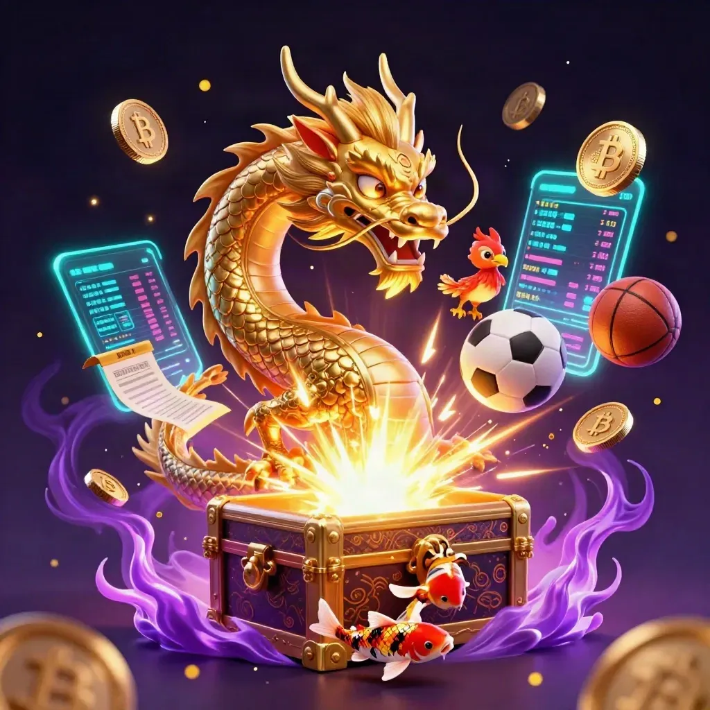 Golden dragon with phoenix and koi amid casino coins and sports props on a purple starry backdrop.