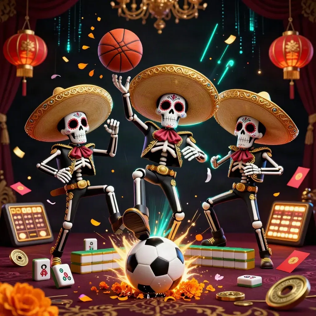 Skeleton mariachi trio kicks a soccer ball amid casino props, gold petals, teal energy, and luxe dark glow.