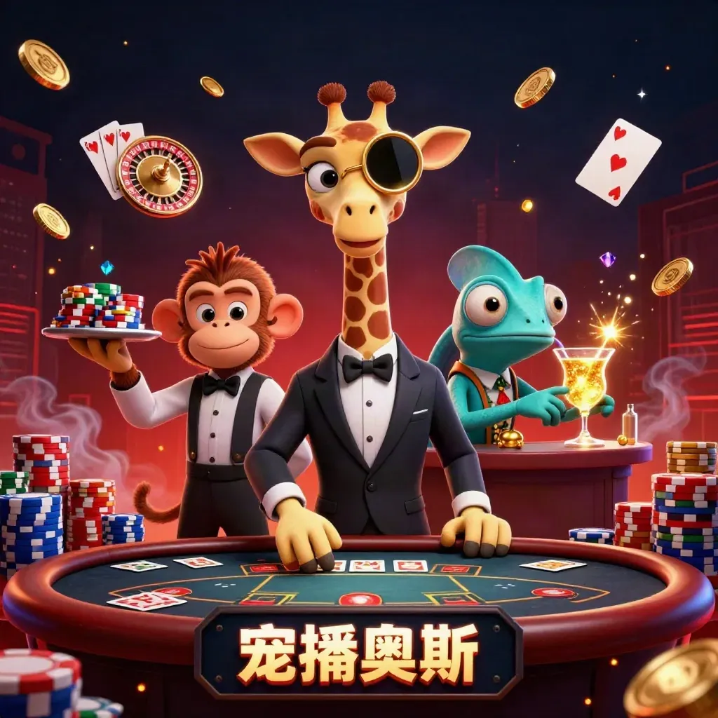 Cartoon giraffe, monkey valet, and chameleon bartender in a glowing casino action scene.