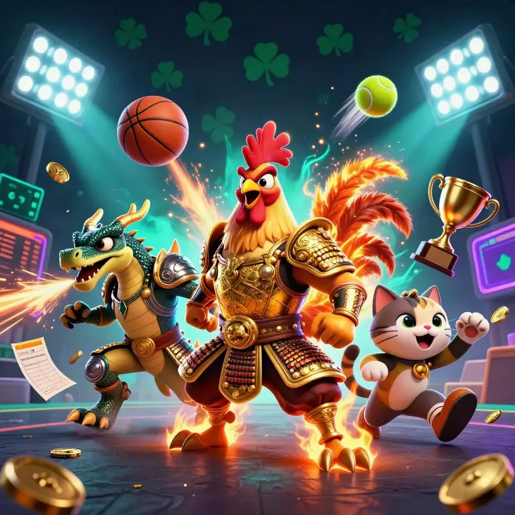 Rooster warrior, dragon hatchling, and fortune-cat amid flying balls, coins, and casino glow
