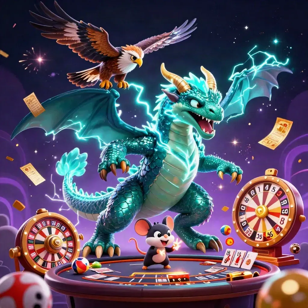 Thunder dragon, hawk, and mouse amid teal lightning, roulette wheel, cards, and casino sparks.