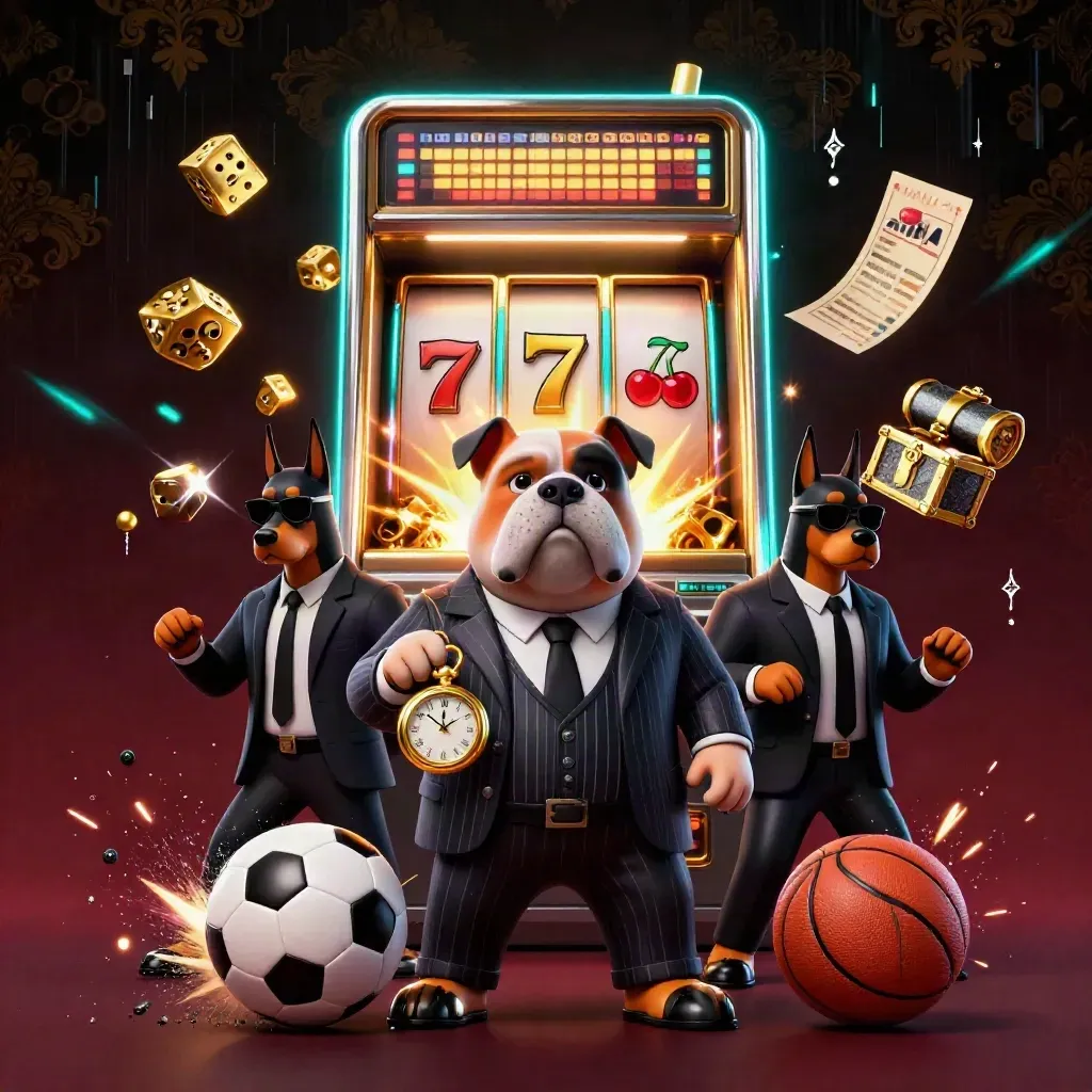 Mobster bulldog and Dobermans amid exploding slot machine, gold dice, and flying sports balls.