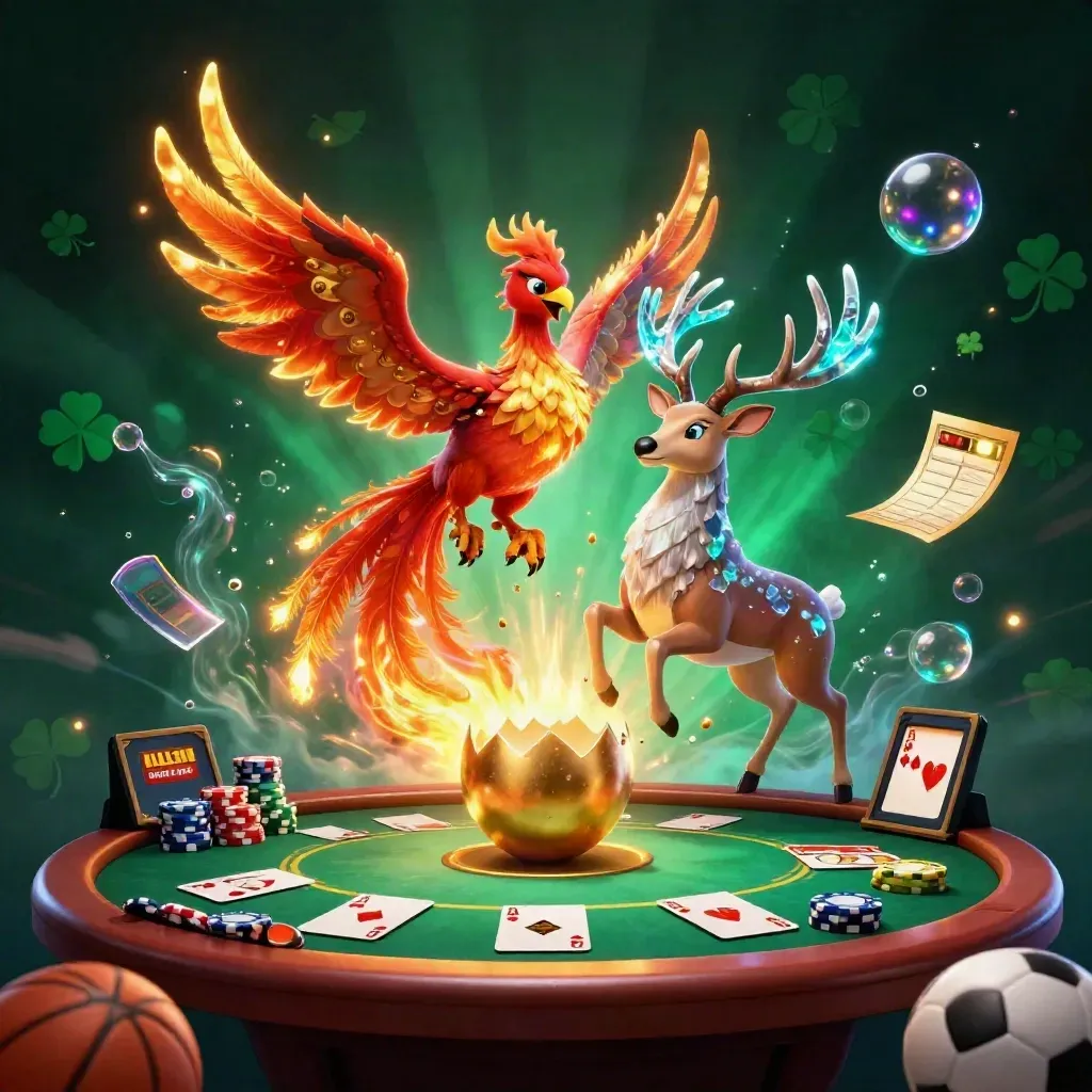 Phoenix, baby chick, and crystal stag amid casino chips, cards, and sports balls in neon glow