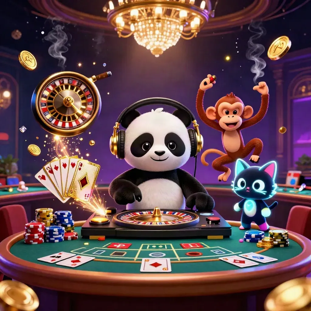 Panda DJ, breakdancing monkey, and glow-stick kitten amid neon casino lights and flying gold coins.