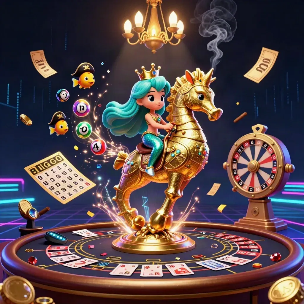 Mermaid princess on armored seahorse amid casino lights, balls, wheel, and golden confetti