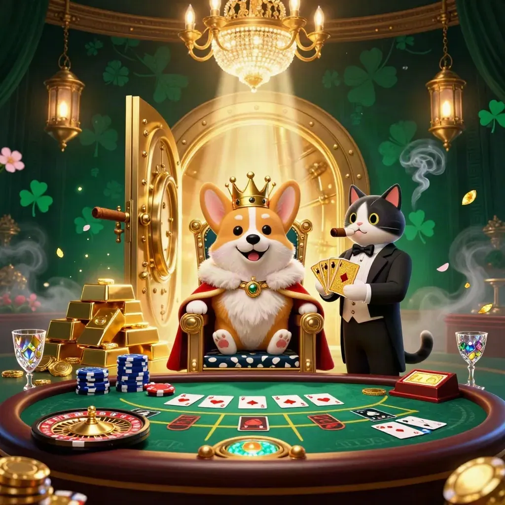 Crowned corgi and cat butler amid glowing vault, gold bars, emerald smoke, petals, and casino light.