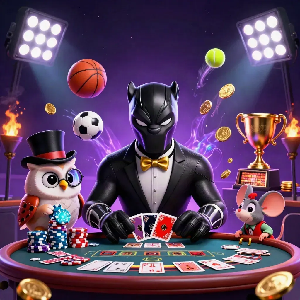 Panther, owl, and mouse in a luxe casino scene with flying balls, coins, and glowing lights.