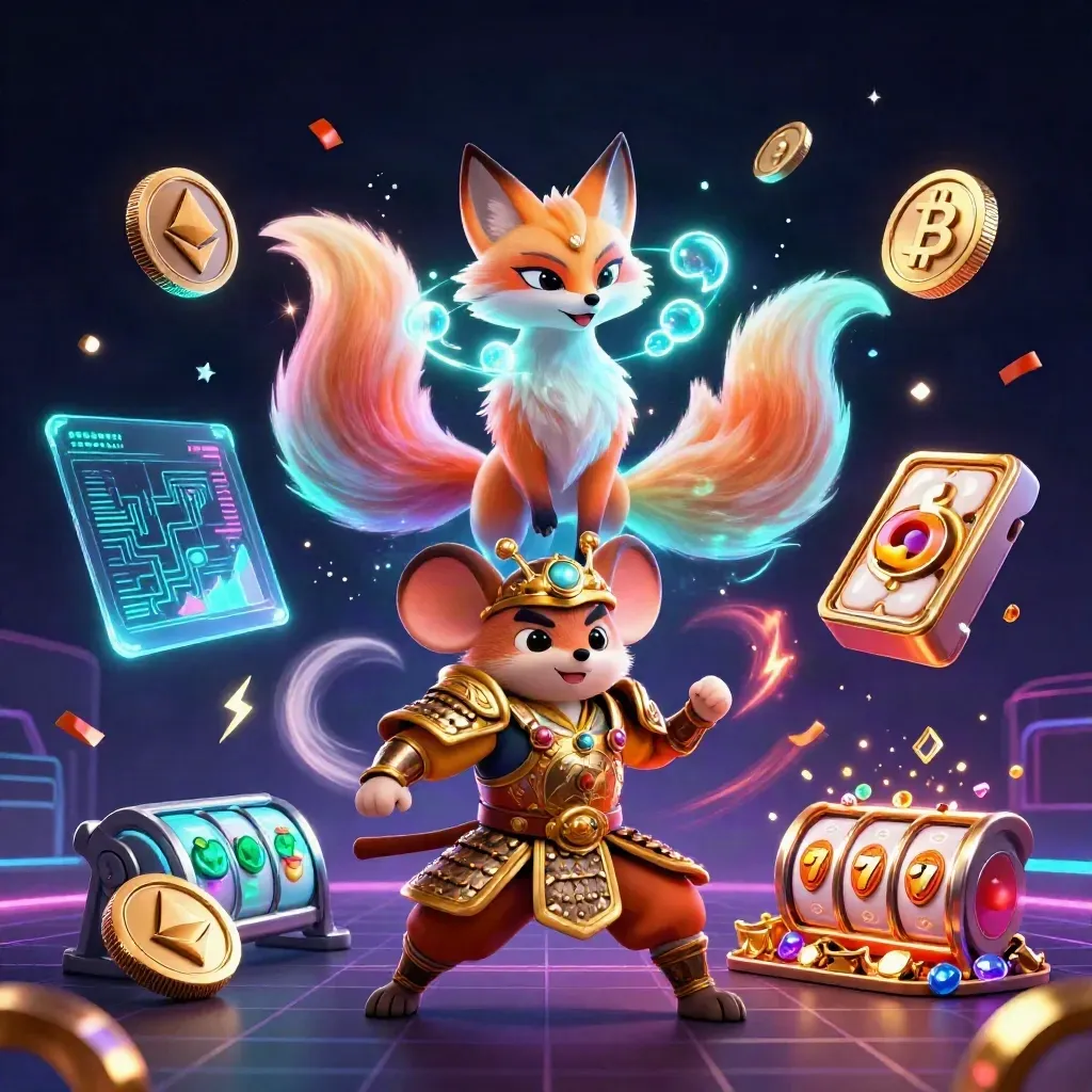 Nine-tailed fox spirit and armored mouse amid neon coins, reels, lightning, and casino sparks