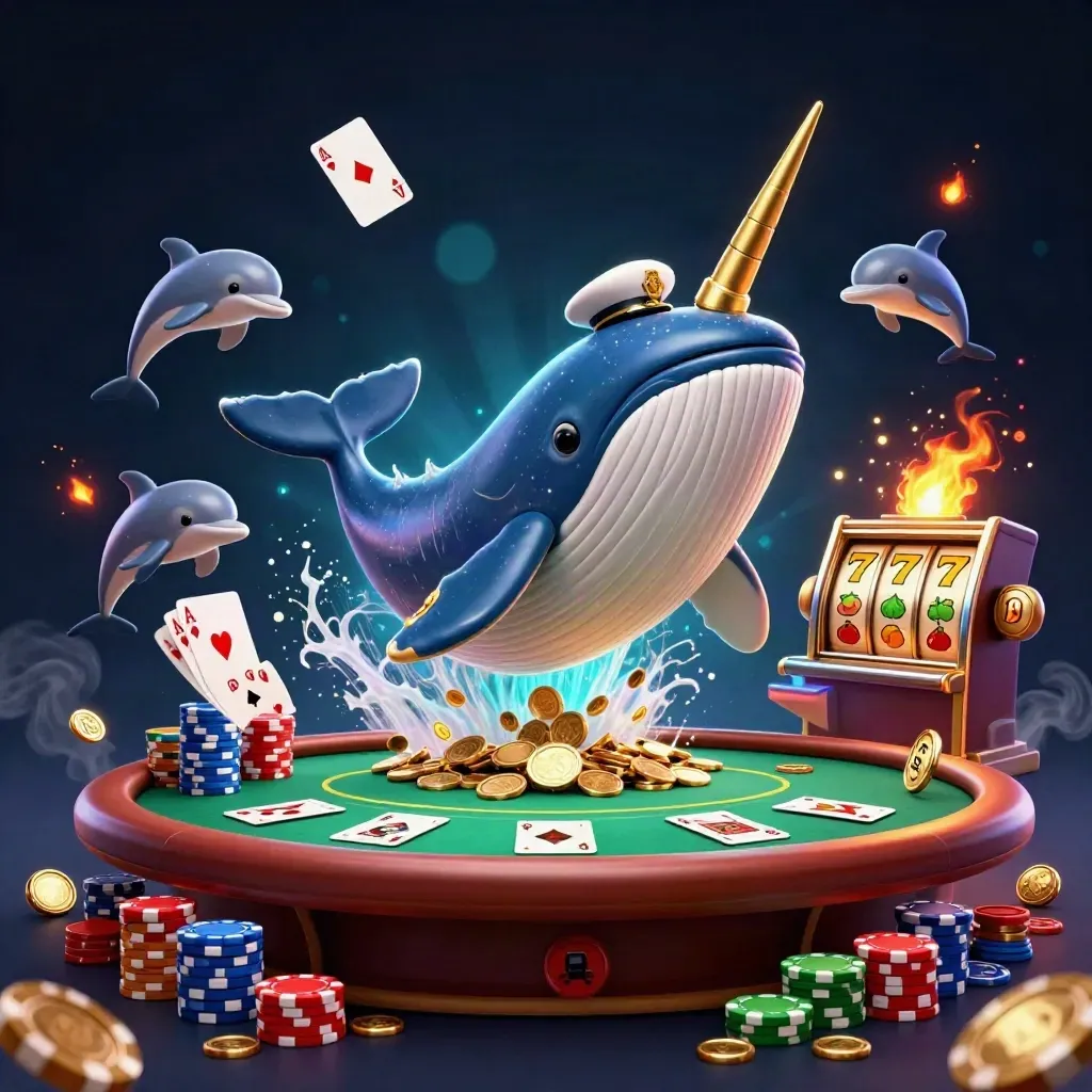 Whale captain, narwhal, and dolphins burst through coins with casino cards and chips.