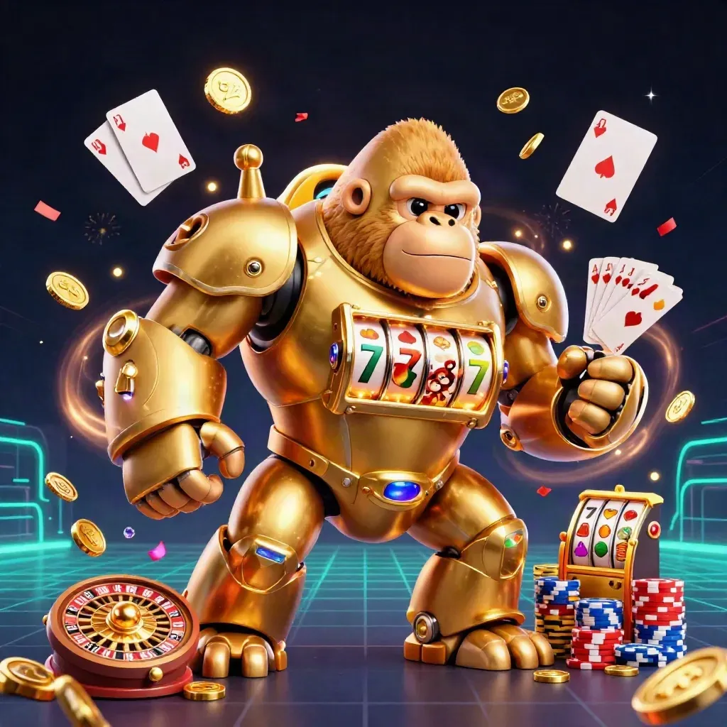 Golden gorilla mech with monkey pilot exploding coins, gems, roulette, cards, and teal casino energy.