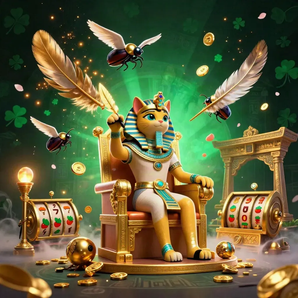 Pharaoh cat on golden throne with ibis scribe and scarabs amid teal casino magic