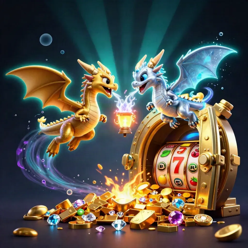 Gold and silver dragons spiral around a lantern spirit with treasure bursting from a vault.