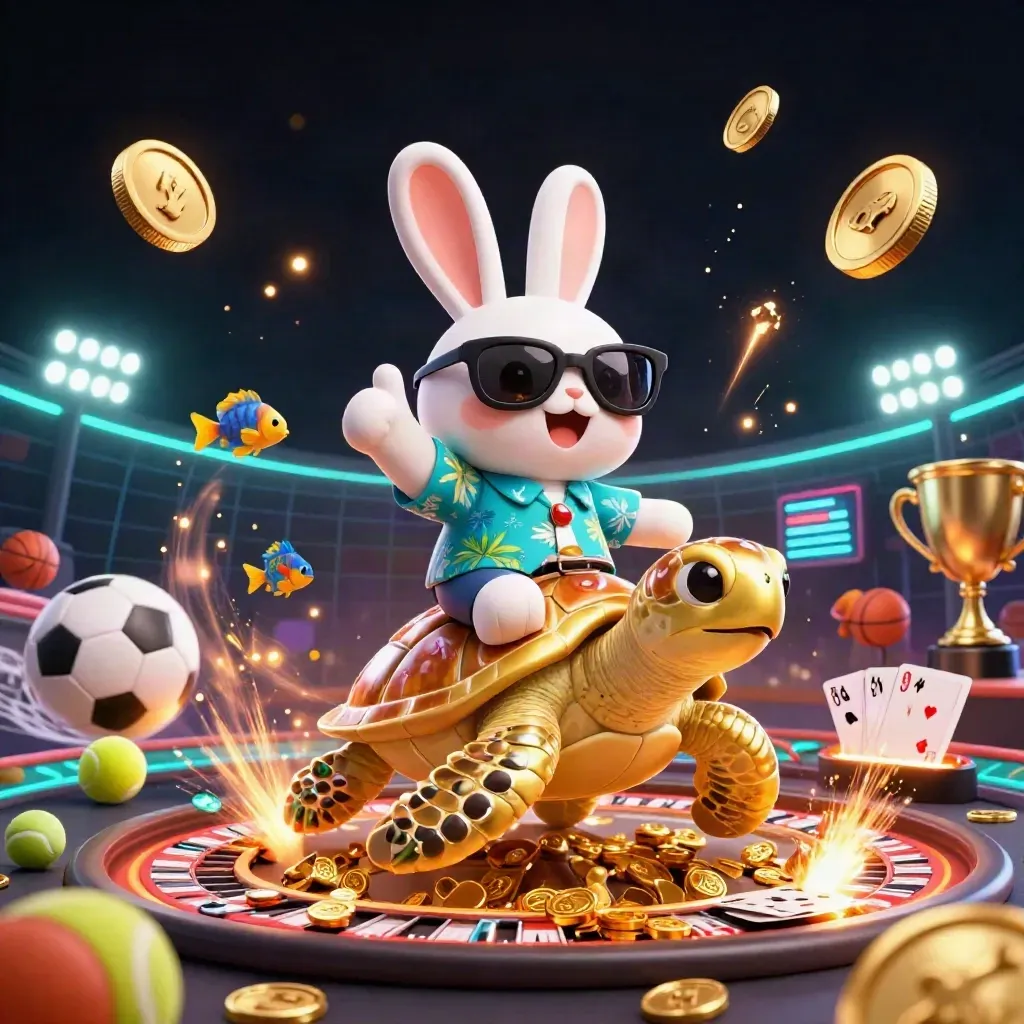 Lucky rabbit on a golden sea turtle amid coins, roulette, cards, trophy, lights, and fireworks.