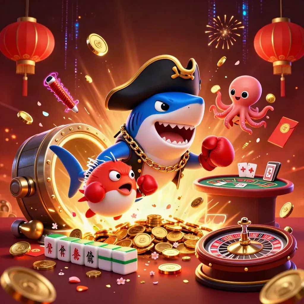 Pirate shark, boxing pufferfish, and coin-juggling octopus amid exploding casino treasure and fireworks