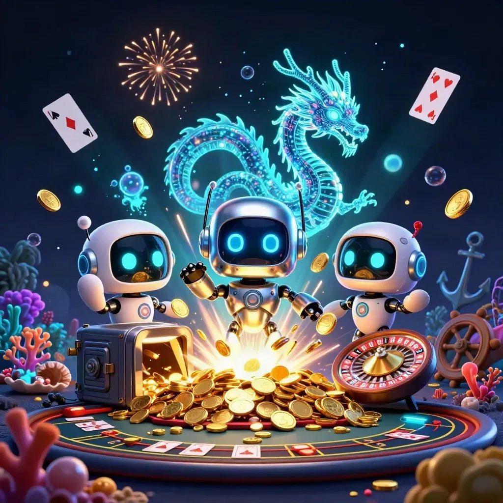 Robot mascot, holographic dragon and coin drone in a neon underwater casino treasure burst.