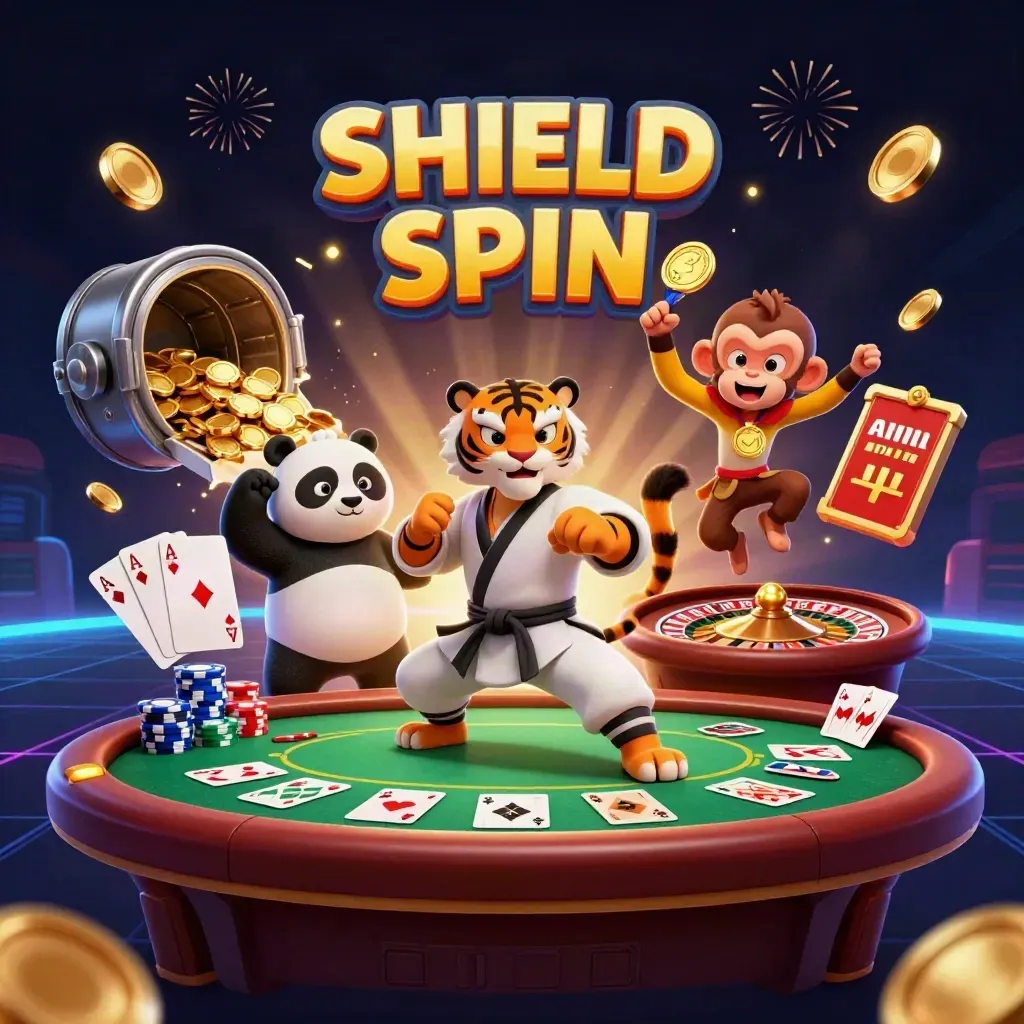 Tiger, panda, and monkey amid casino cards, chips, coins, and fireworks in a neon vault burst.
