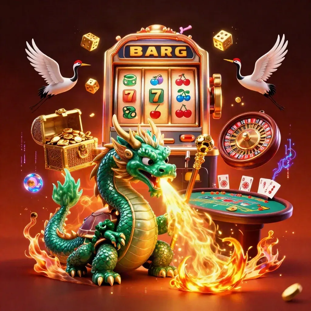 Dragon, turtle sage, cranes, slot burst, cards, dice, roulette, gold coins, fiery casino splash art