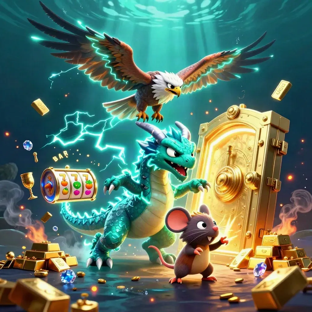 Thunder dragon, wind hawk, and crackling mouse burst from a vault of gold and gems.