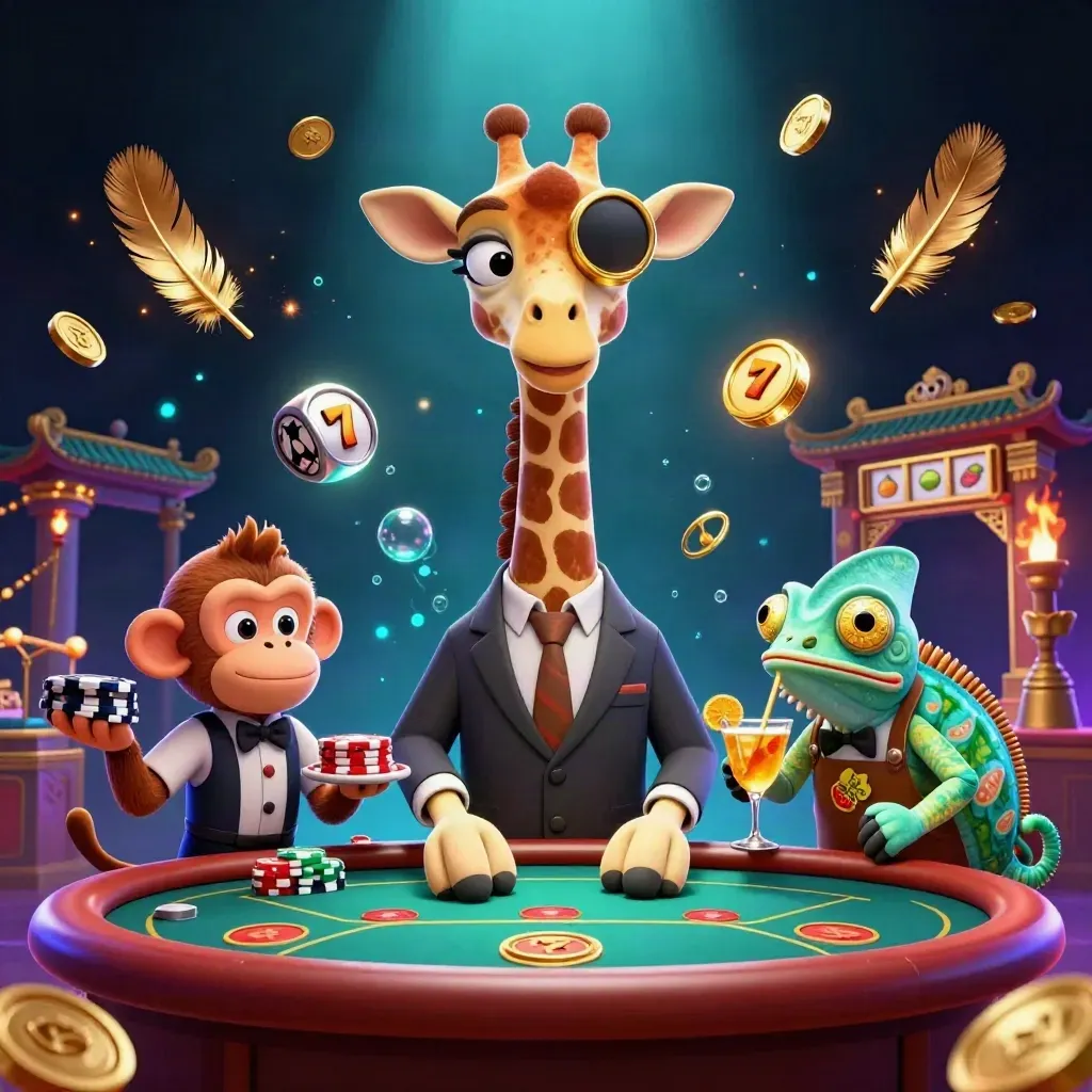 Teal-lit giraffe VIP casino trio with chips, cocktail, reels, gold sparks on a dark navy glow.