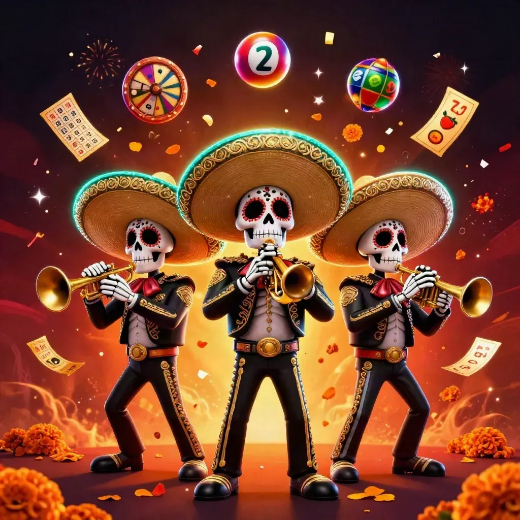 Skeleton mariachi trio amid casino symbols, teal and gold glow, fireworks, confetti, and ember-lit crimson background.