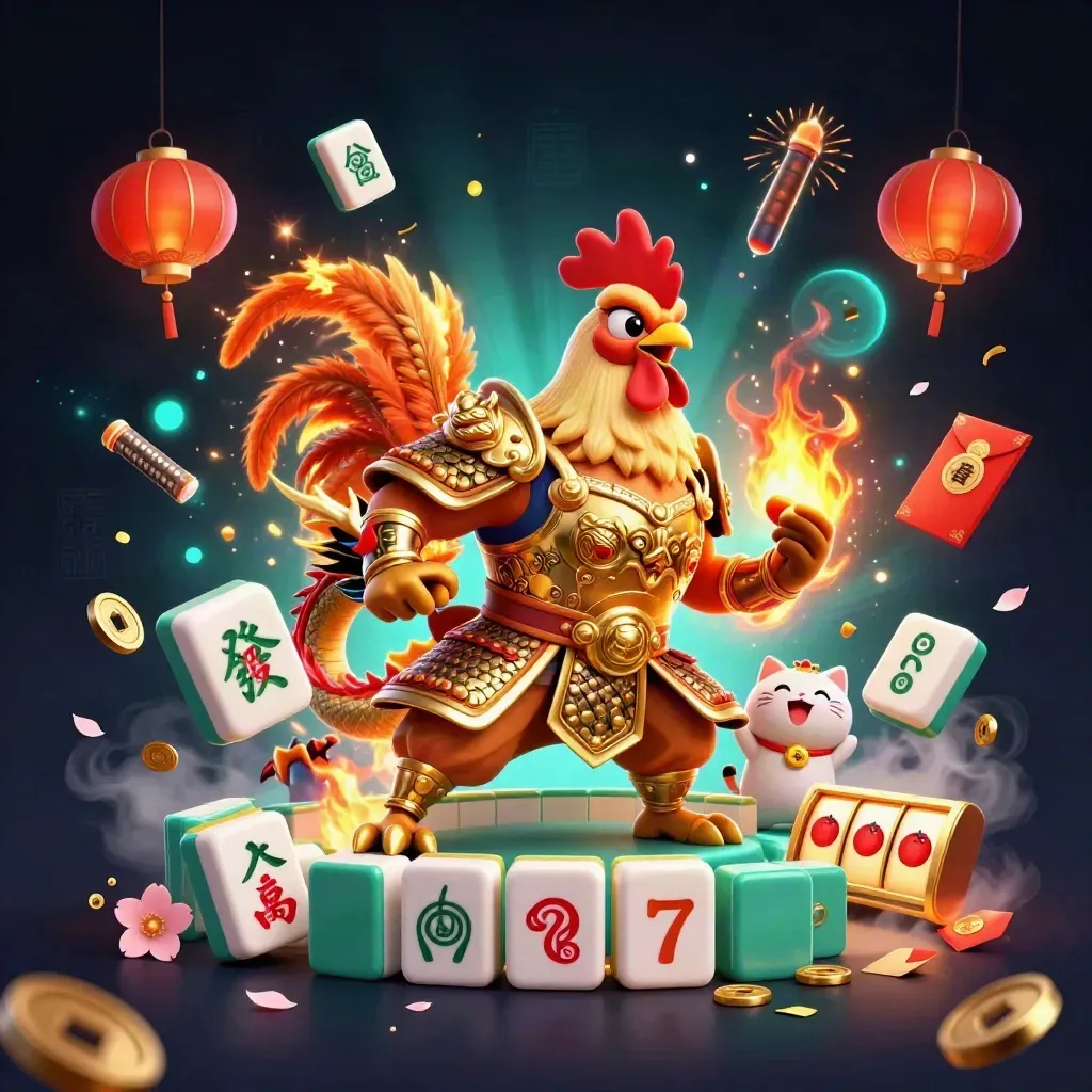 Rooster samurai, spark-breathing dragon hatchling, and lucky cat amid casino power-up effects.