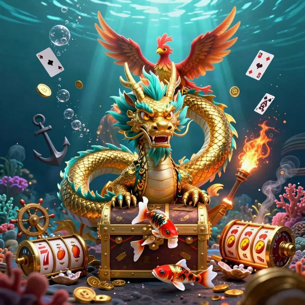 Golden dragon, phoenix, koi, treasure chest, and casino symbols in an underwater teal glow.
