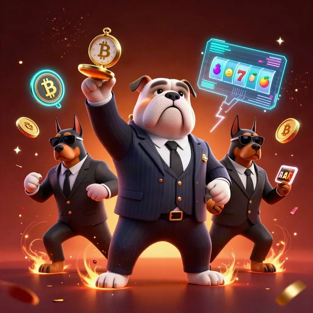 Mafia-boss bulldog with two Dobermans amid neon coins, slot symbols, and fiery casino effects.