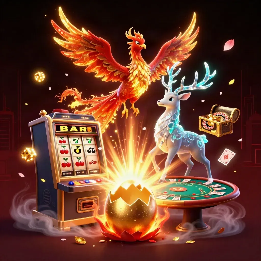 Phoenix, baby phoenix, stag, slot machine and casino symbols burst in neon gold on dark red-black.