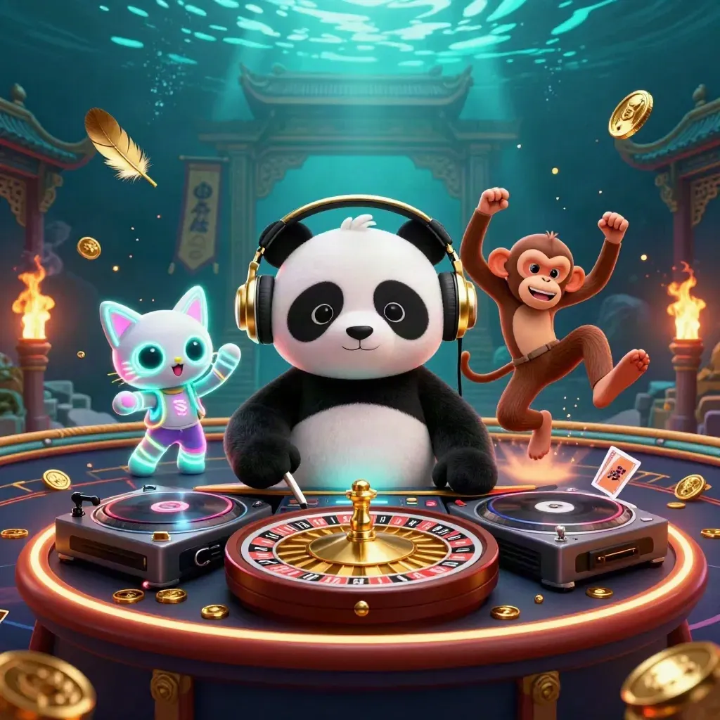 DJ panda, breakdancing monkey, and glow-stick kitten amid casino props and neon lights